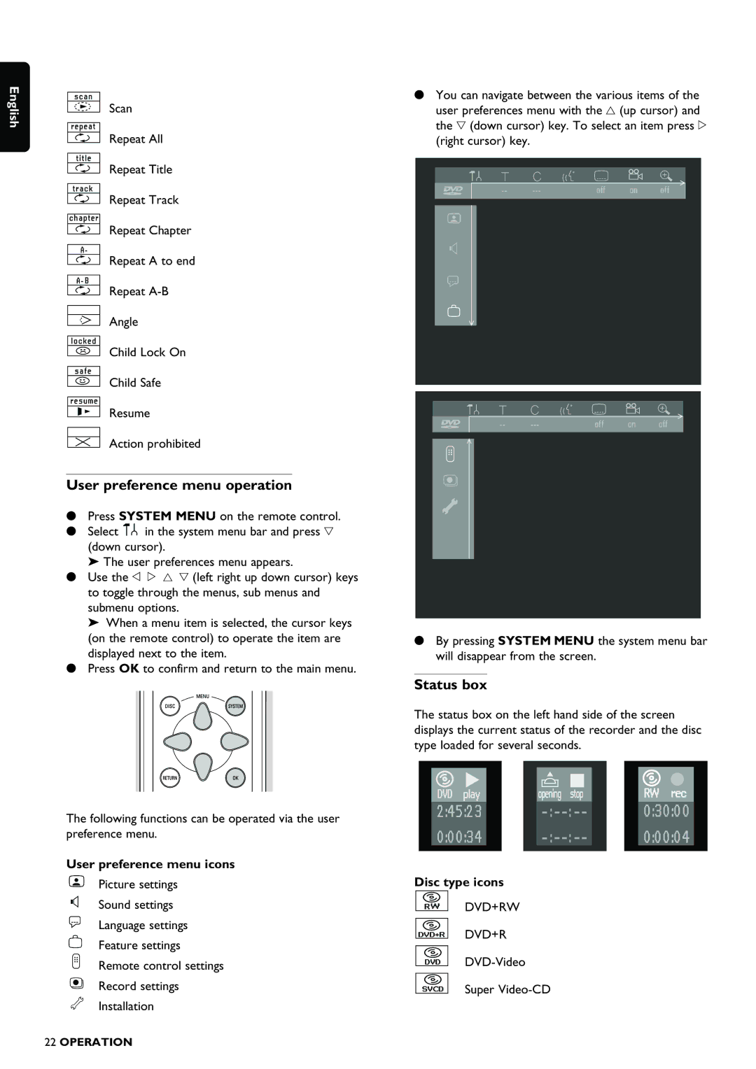 Philips DVDR980 manual User preference menu operation, Status box, User preference menu icons, Disc type icons 