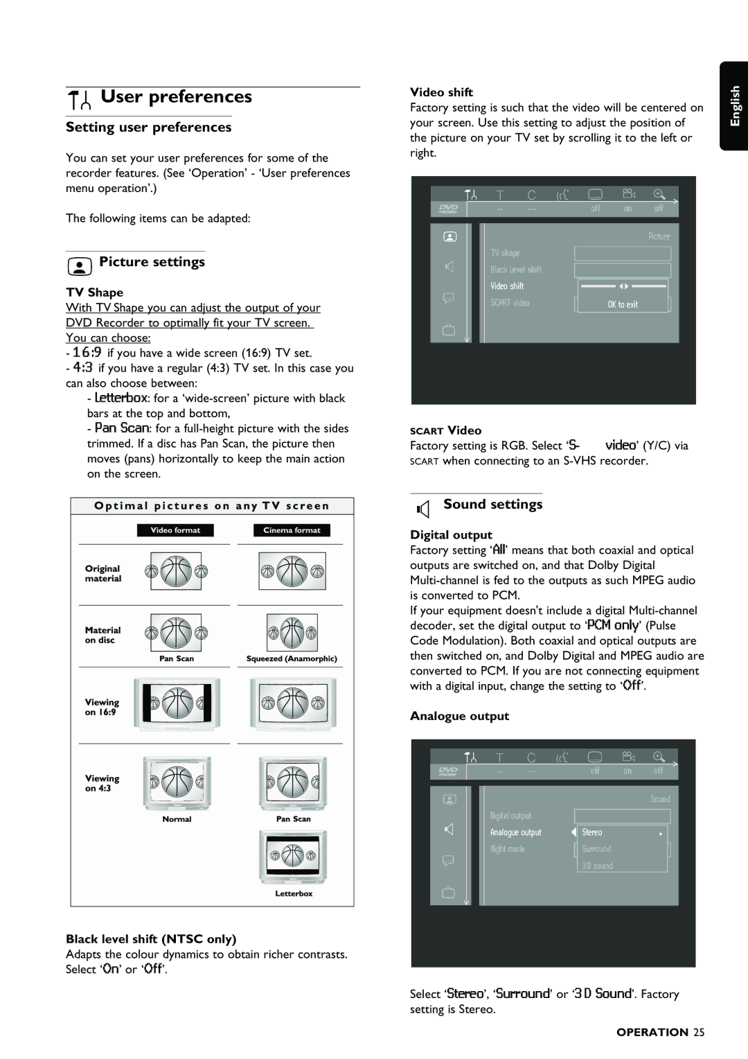 Philips DVDR980 manual User preferences, Setting user preferences, Picture settings, Sound settings 