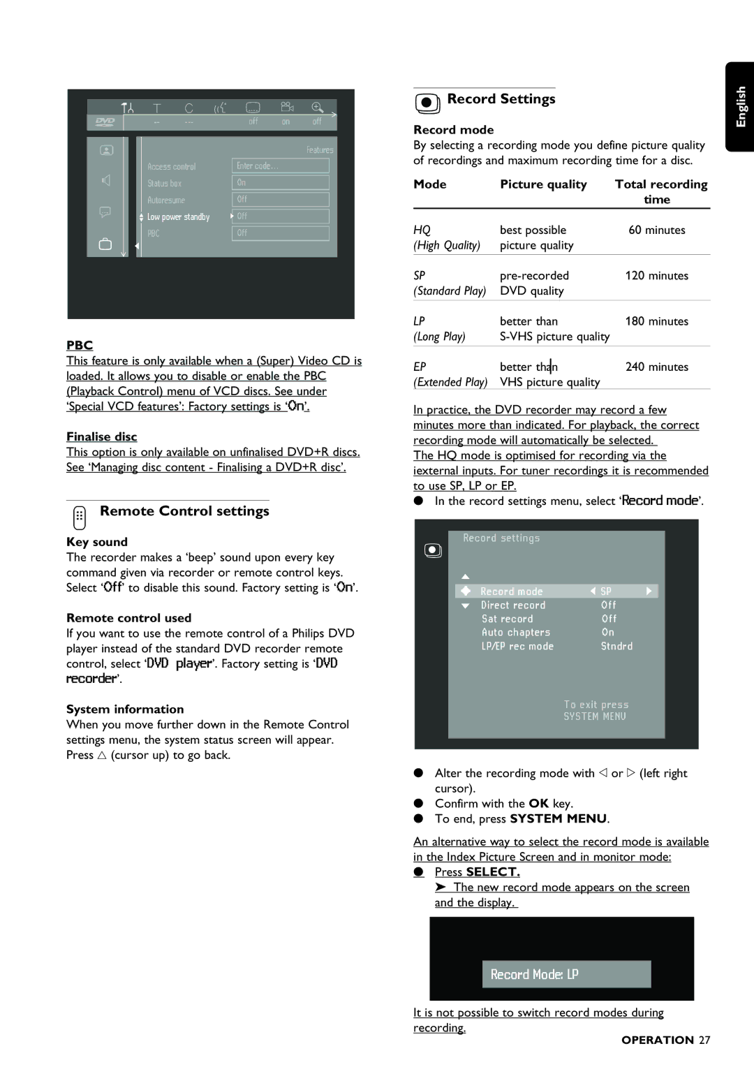 Philips DVDR980 manual Remote Control settings, Record Settings, Pbc 