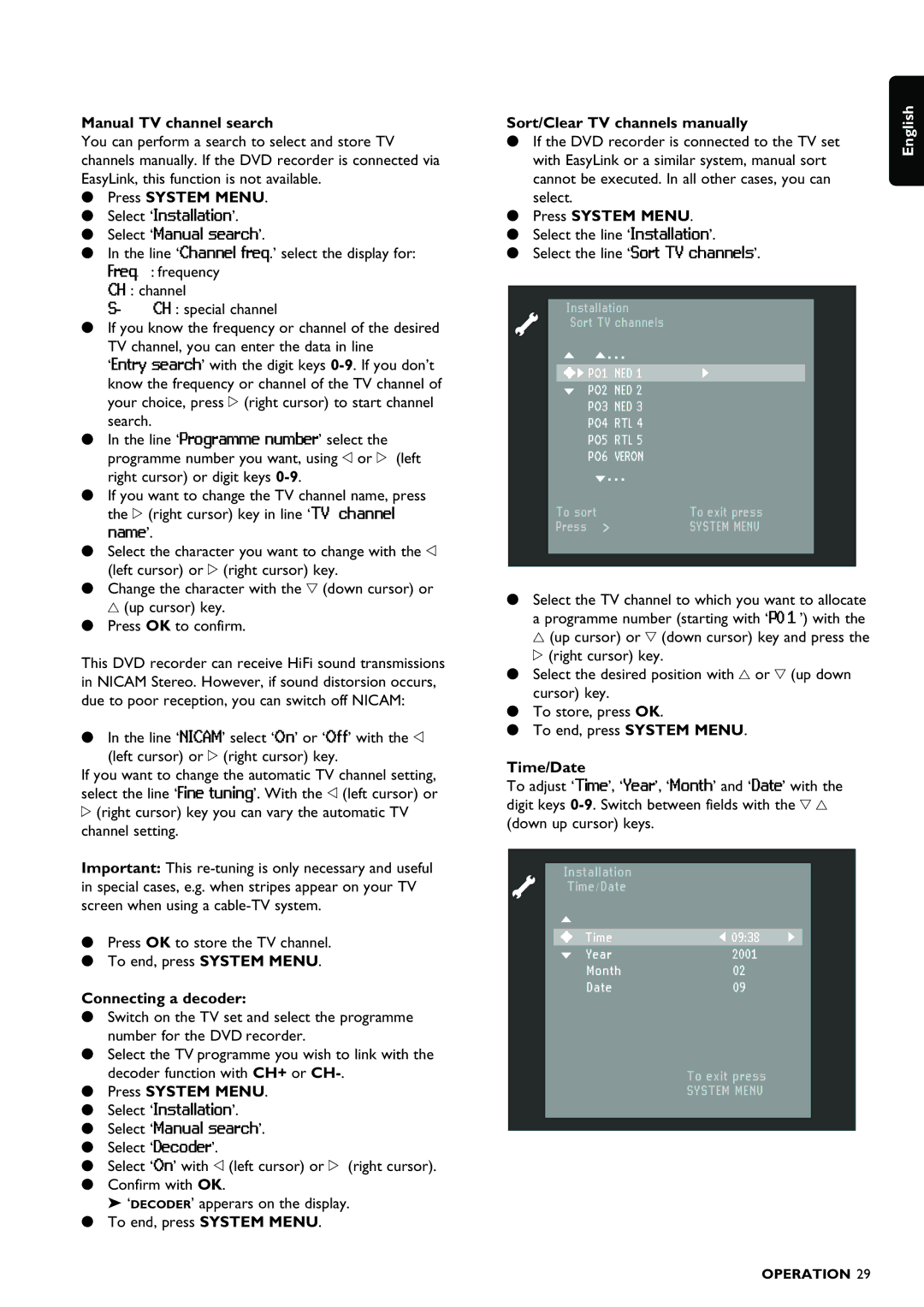 Philips DVDR980 Manual TV channel search, Press System Menu, Connecting a decoder, Sort/Clear TV channels manually 