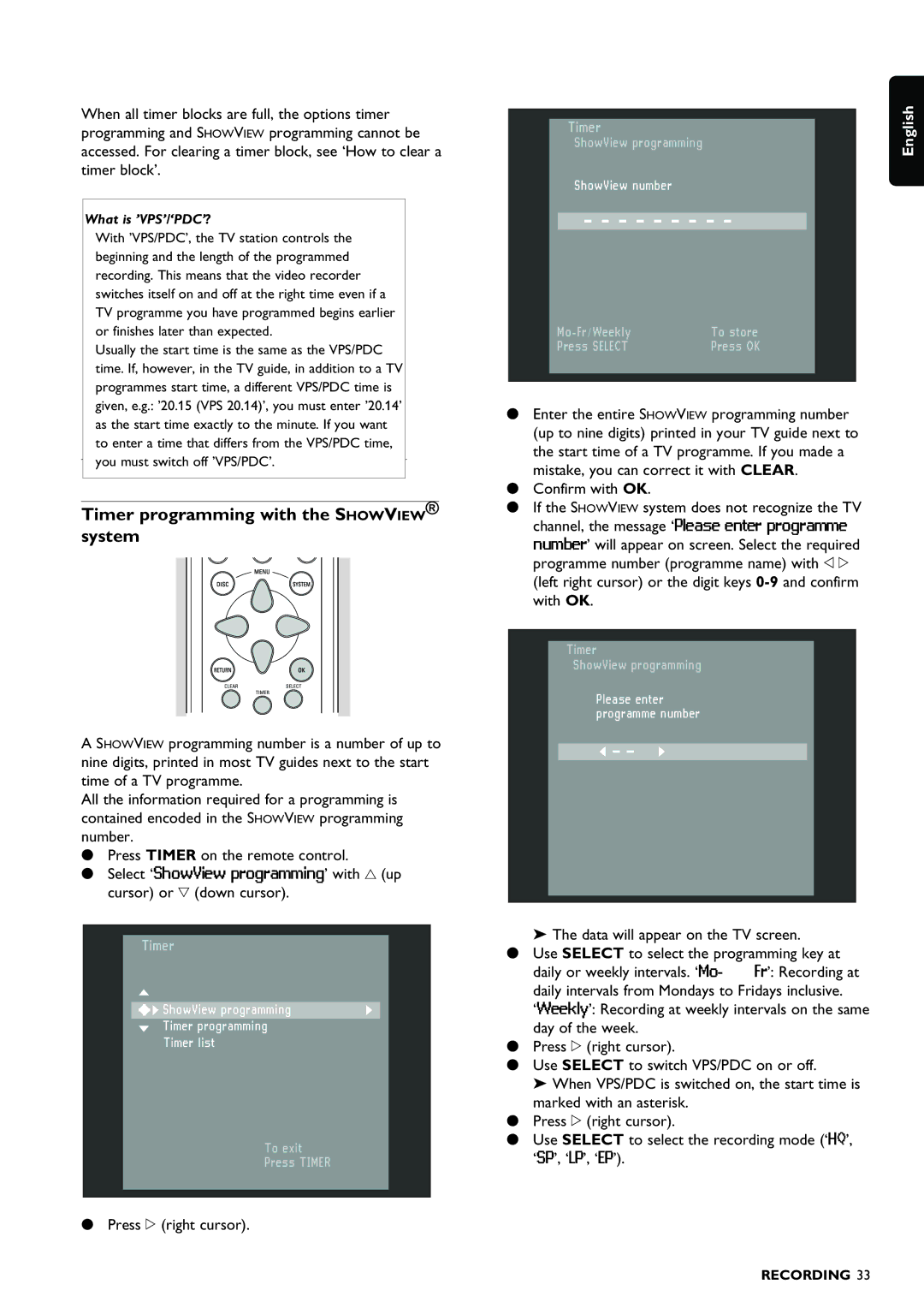 Philips DVDR980 manual Timer programming with the Showview system, Press u right cursor 