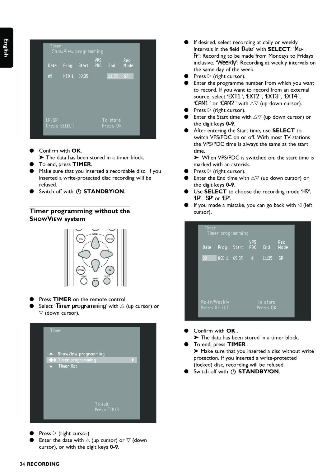 Philips DVDR980 manual Timer programming without Showview system 