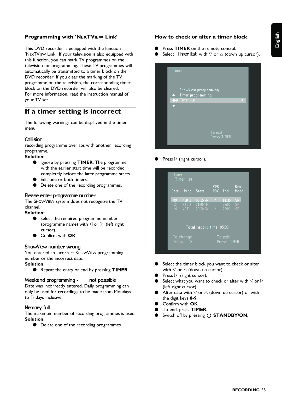 Philips DVDR980 If a timer setting is incorrect, Programming with ’NEXTVIEW Link’, How to check or alter a timer block 