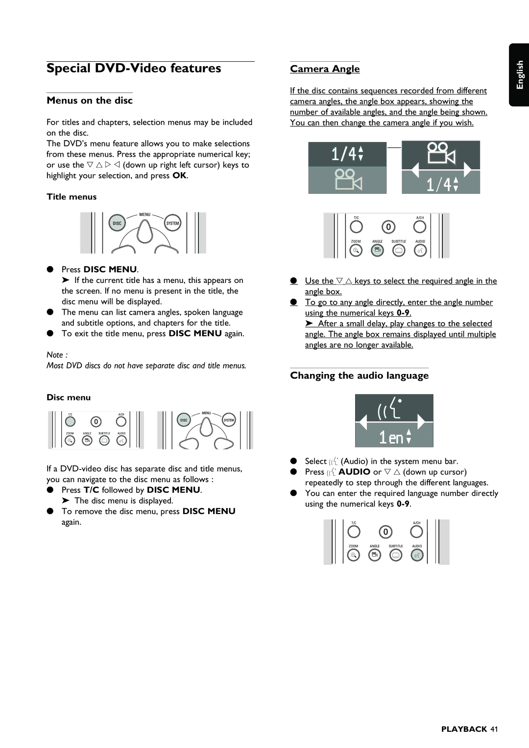 Philips DVDR980 manual Special DVD-Video features, Menus on the disc, Camera Angle, Changing the audio language 