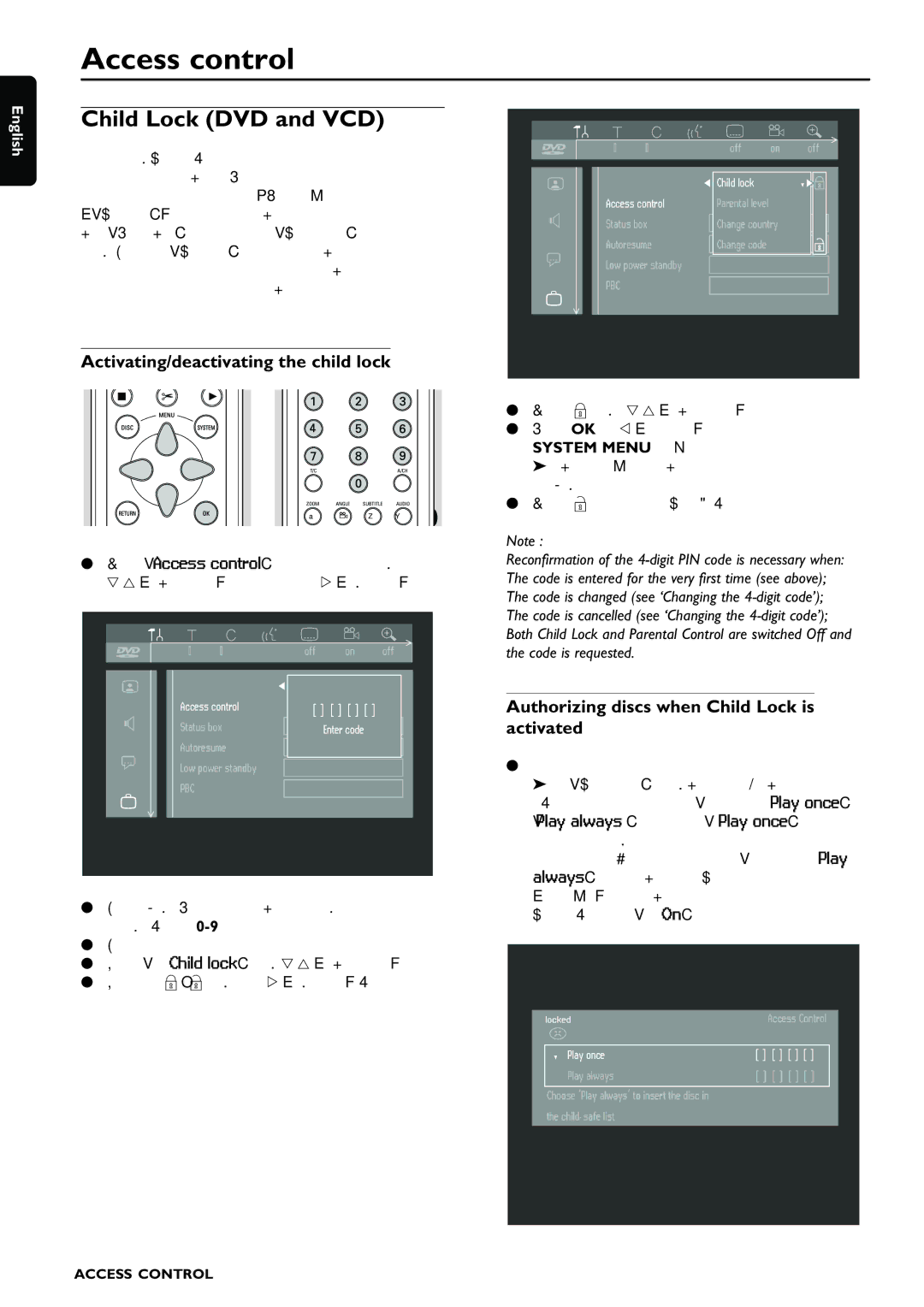 Philips DVDR980 manual Access control, Child Lock DVD and VCD, Activating/deactivating the child lock 