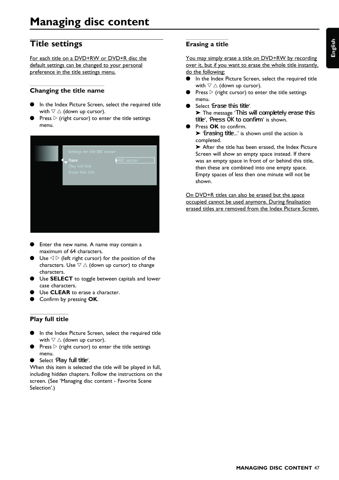 Philips DVDR980 manual Managing disc content, Title settings, Changing the title name, Erasing a title, Play full title 