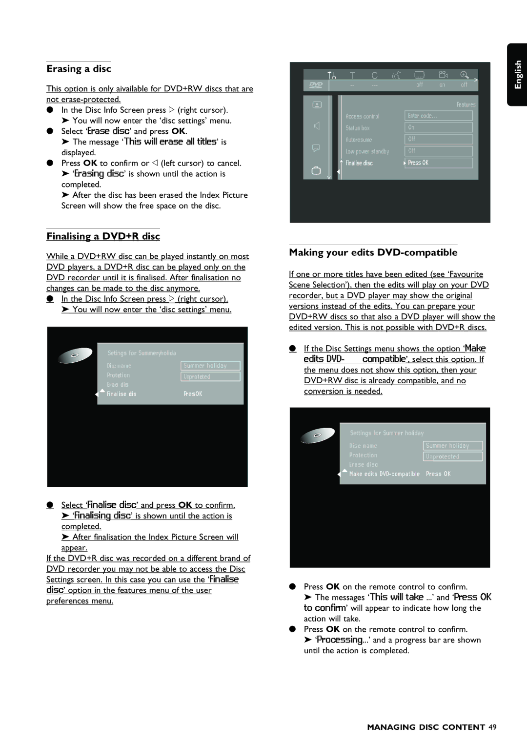 Philips DVDR980 manual Erasing a disc, Finalising a DVD+R disc, Making your edits DVD-compatible 