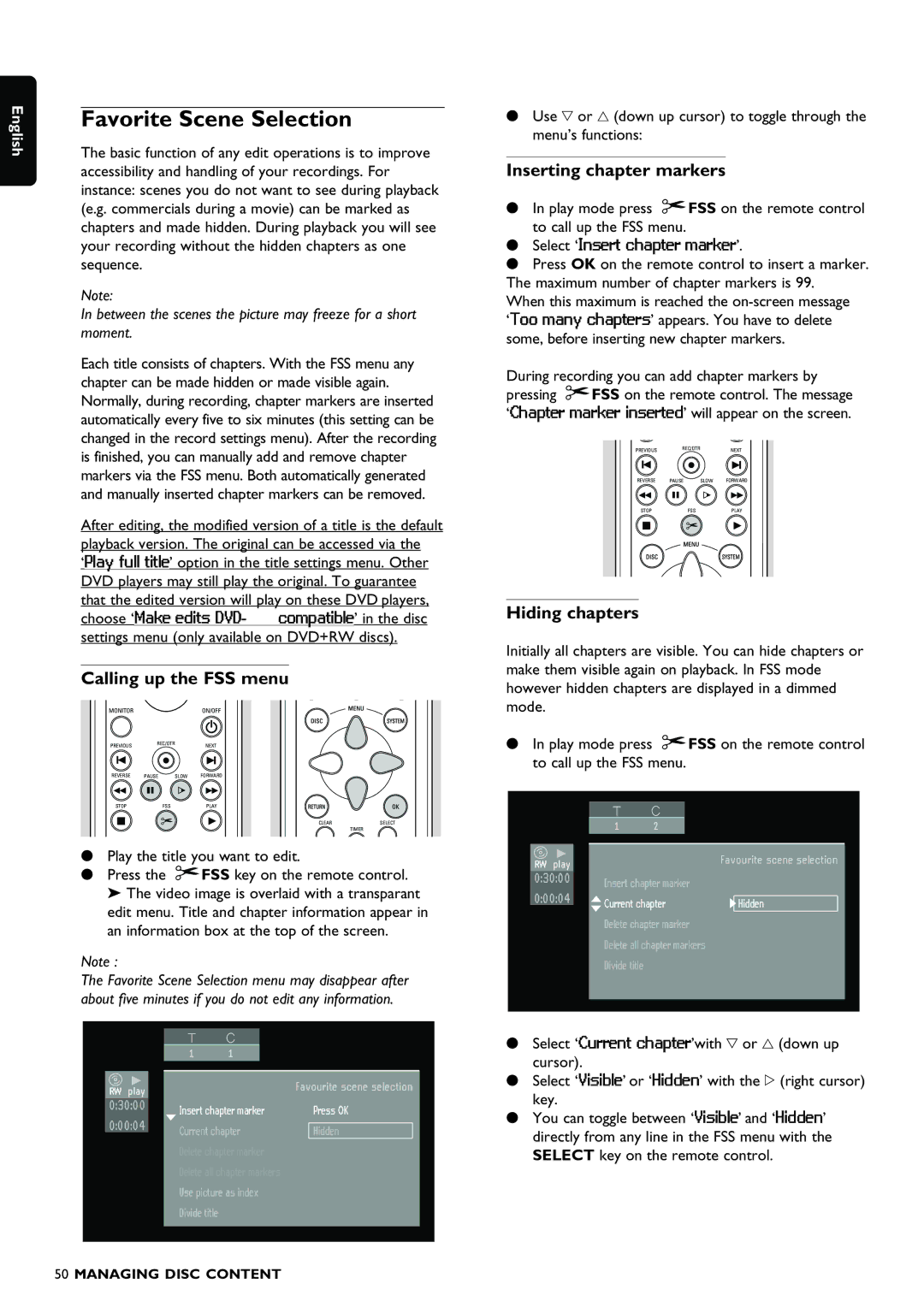 Philips DVDR980 manual Favorite Scene Selection, Calling up the FSS menu, Inserting chapter markers, Hiding chapters 