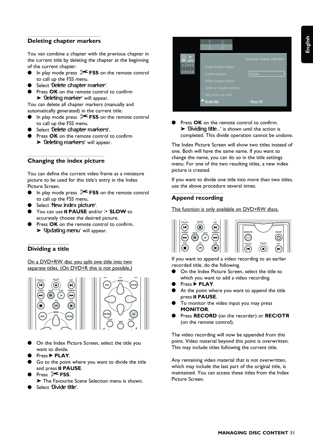 Philips DVDR980 manual Deleting chapter markers, Changing the index picture, Dividing a title, Append recording 