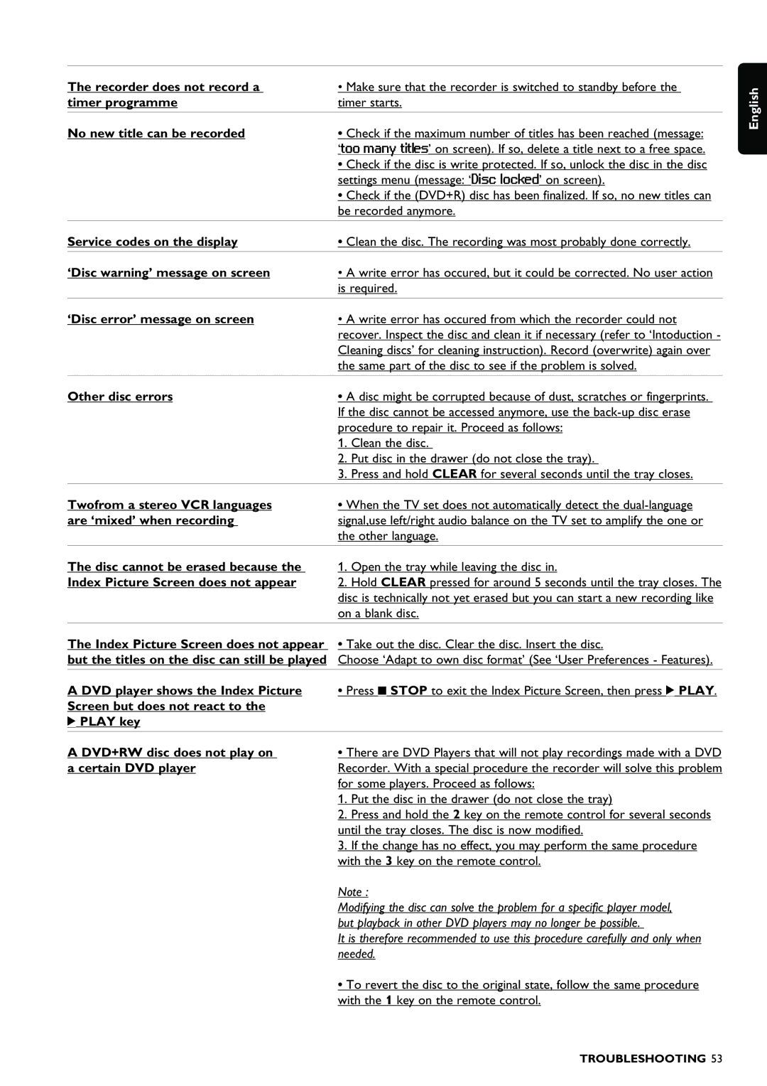 Philips DVDR980 Recorder does not record a, Timer programme, No new title can be recorded, Service codes on the display 