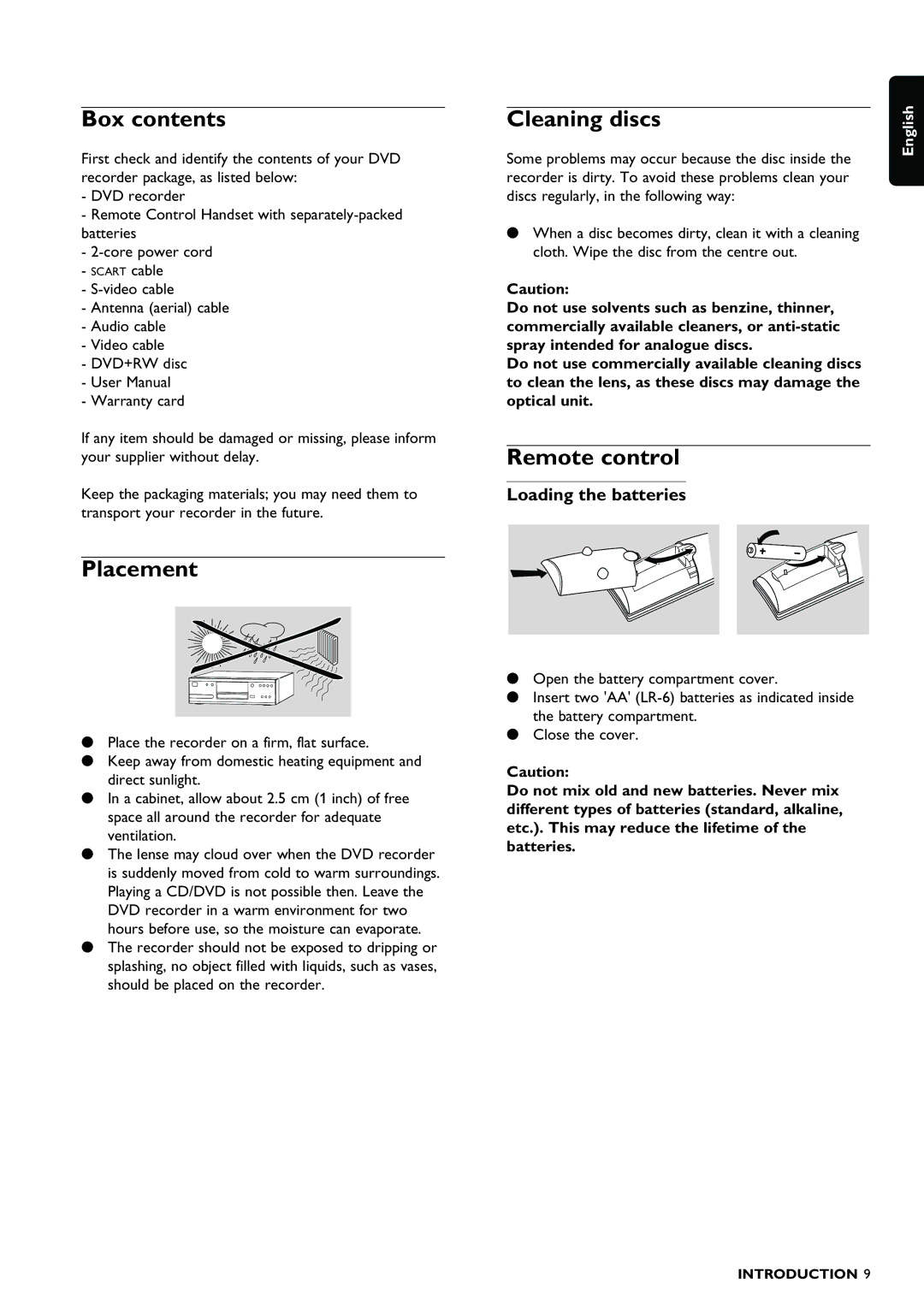 Philips DVDR980 manual Box contents, Placement, Cleaning discs, Remote control 