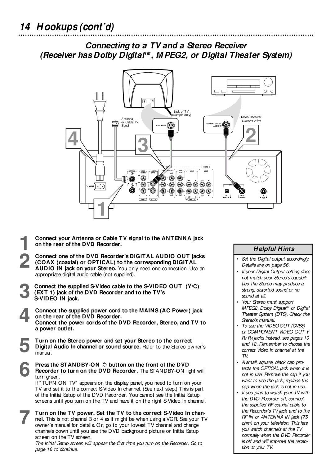 Philips DVDR985 owner manual Set the Digital output accordingly. Details are on 