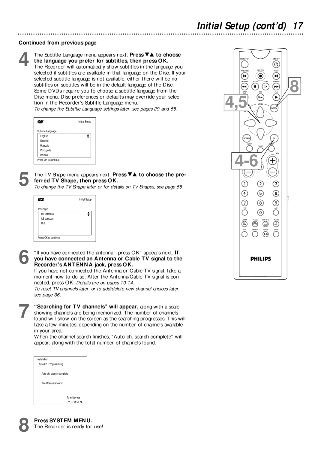 Philips DVDR985 owner manual Initial Setup cont’d, From previous, Press System Menu 