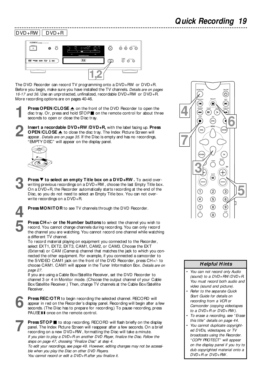 Philips DVDR985 owner manual Quick Recording, Dvd+Rw Dvd+R 