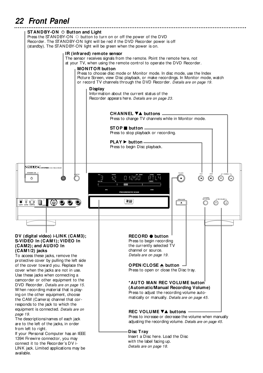 Philips DVDR985 owner manual Front Panel 