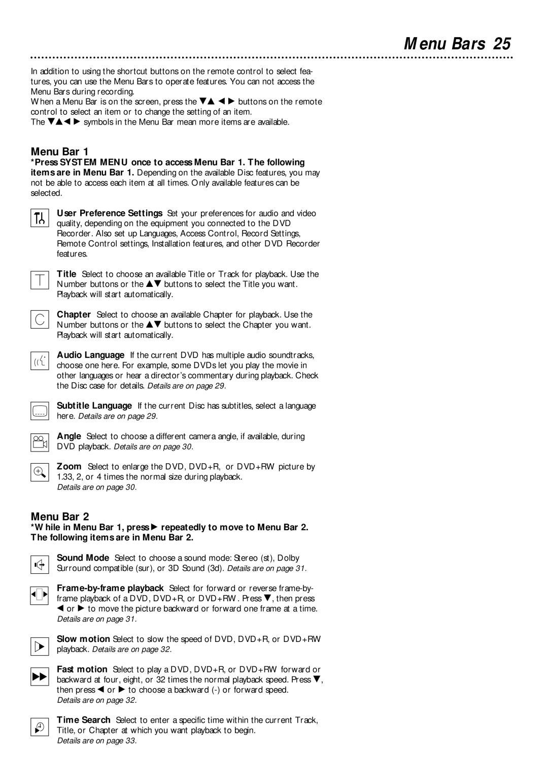 Philips DVDR985 owner manual Menu Bars 