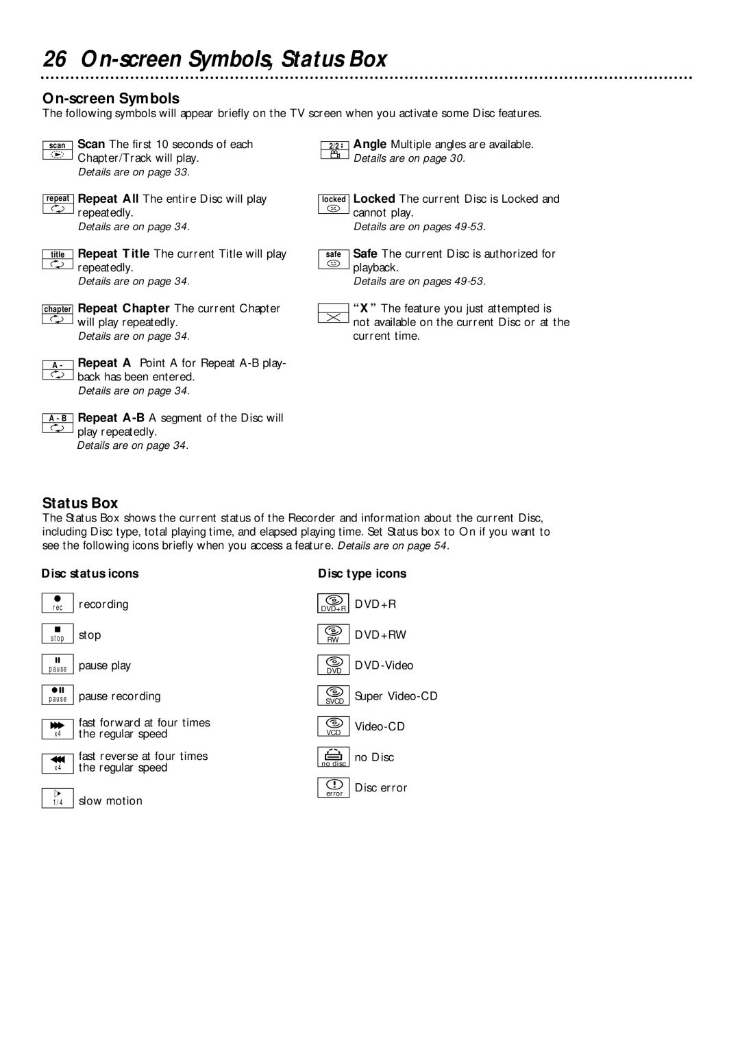 Philips DVDR985 owner manual On-screen Symbols, Status Box, Disc status icons, Disc type icons 