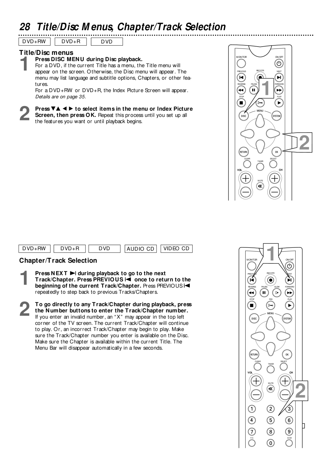 Philips DVDR985 owner manual Title/Disc menus, Chapter/Track Selection, Press Disc Menu during Disc playback 