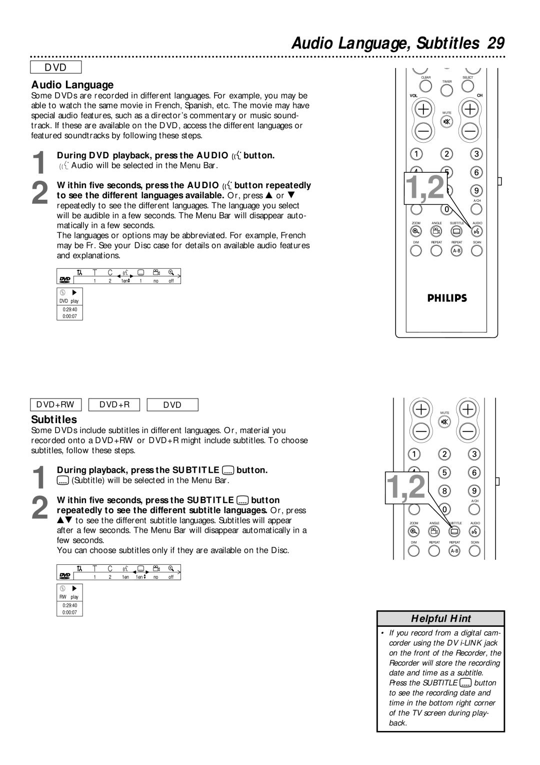 Philips DVDR985 owner manual Audio Language, Subtitles, Button, During playback, press the Subtitle Z button 