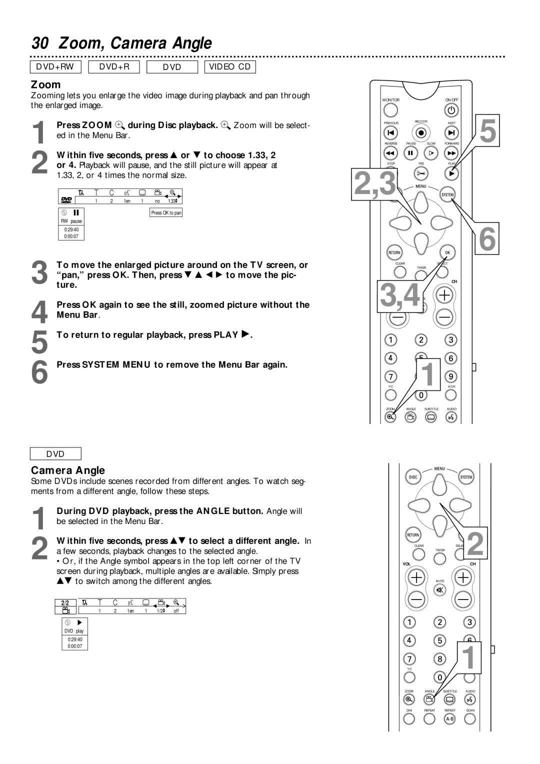 Philips DVDR985 owner manual Zoom, Camera Angle 