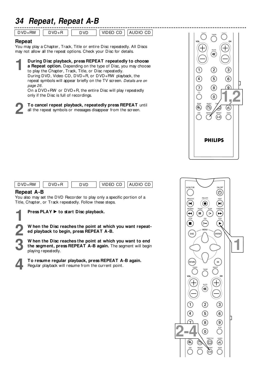 Philips DVDR985 owner manual Repeat, Repeat A-B 