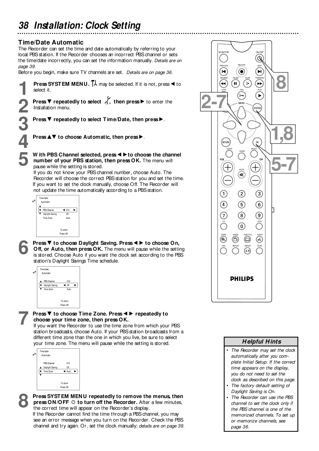 Philips DVDR985 owner manual Installation Clock Setting, Time/Date Automatic 