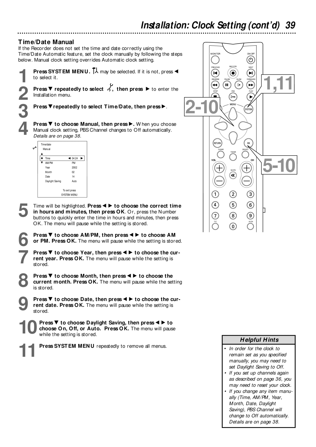 Philips DVDR985 owner manual Installation Clock Setting cont’d, Time/Date Manual 