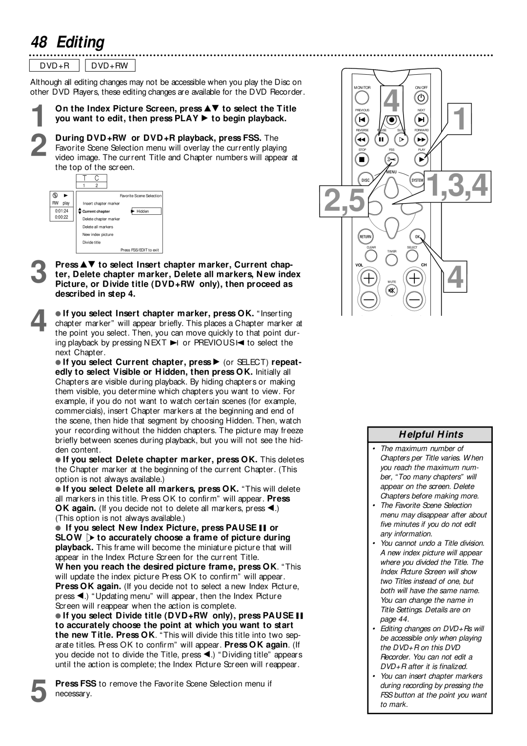 Philips DVDR985 owner manual Editing, Dvd+R Dvd+Rw 