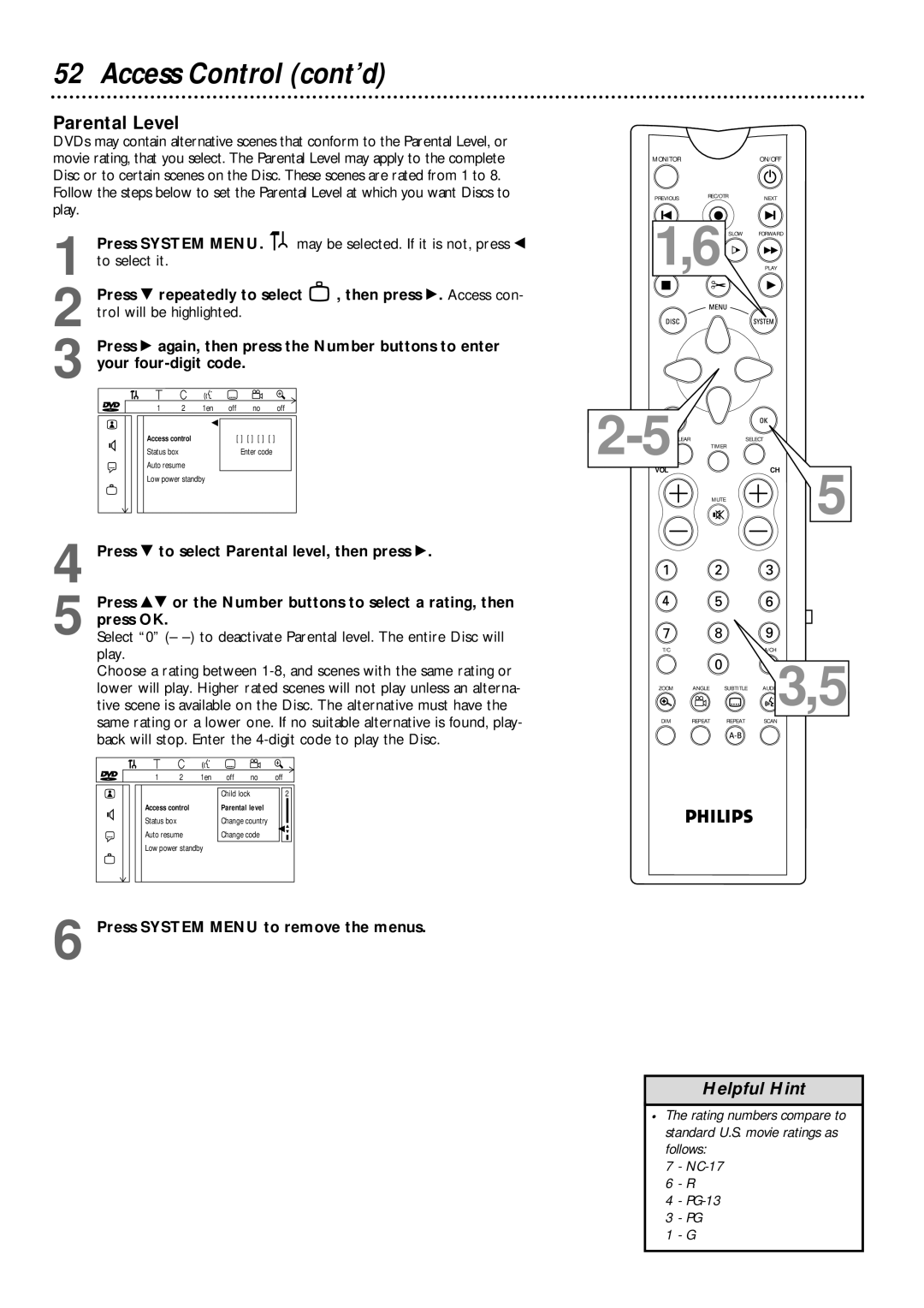 Philips DVDR985 owner manual Parental Level, Play 