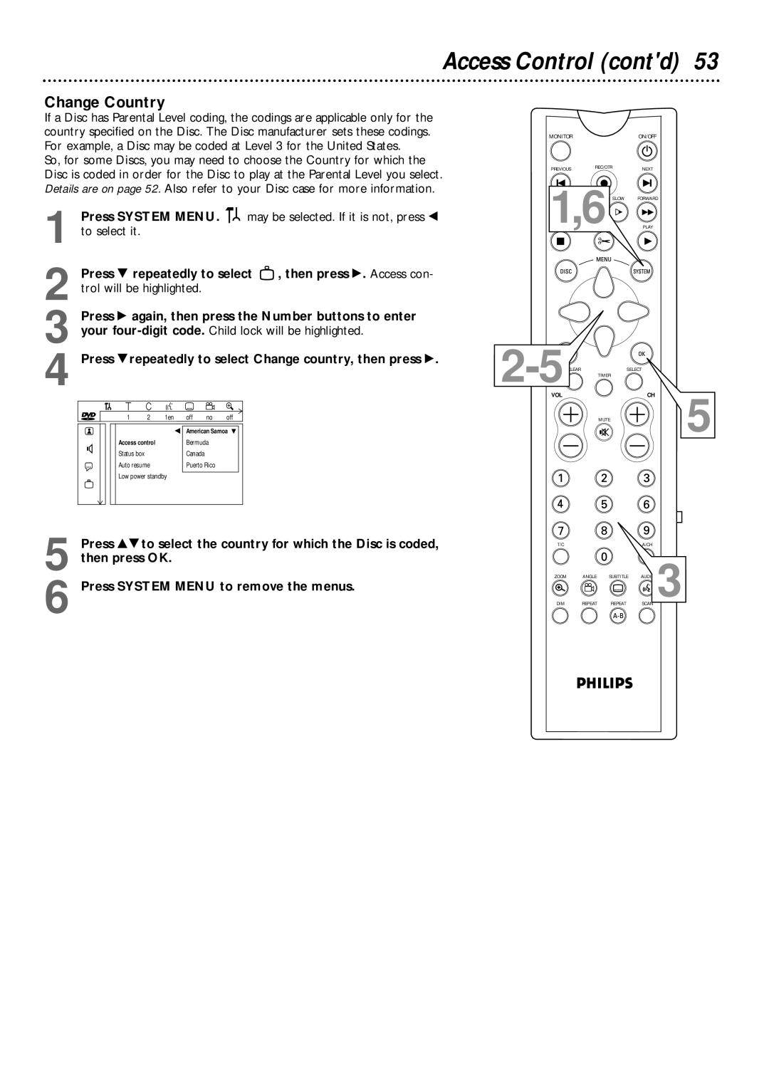 Philips DVDR985 owner manual Access Control contd, Change Country 