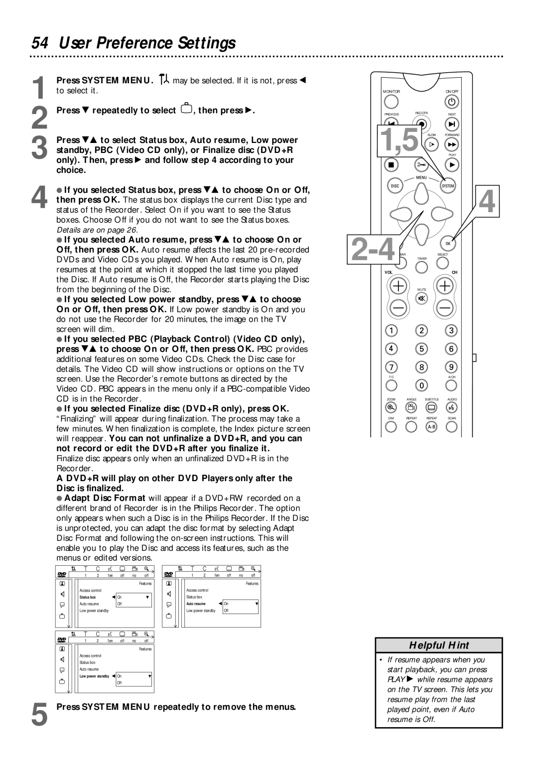 Philips DVDR985 owner manual User Preference Settings, Off no 