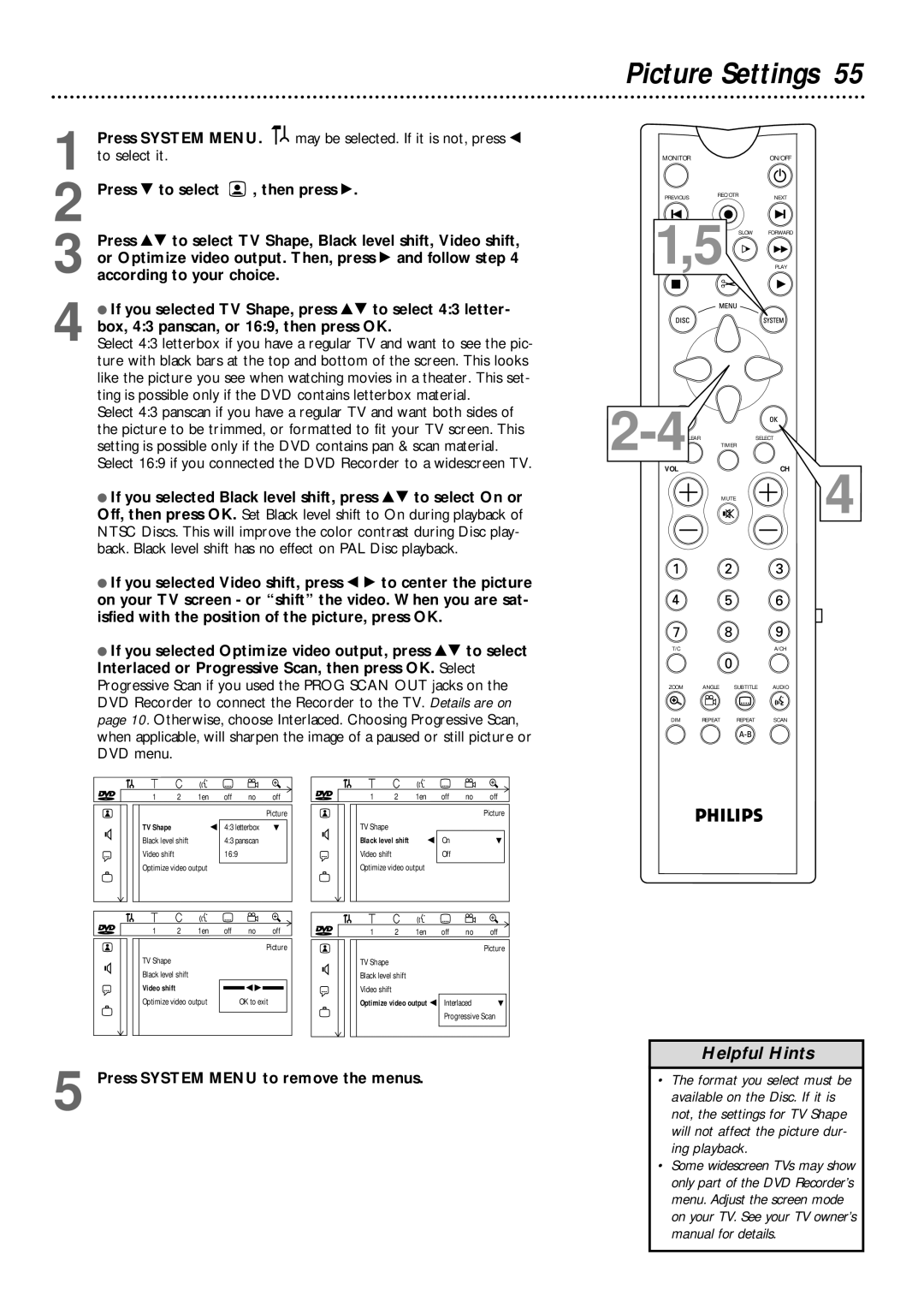 Philips DVDR985 owner manual Picture Settings 