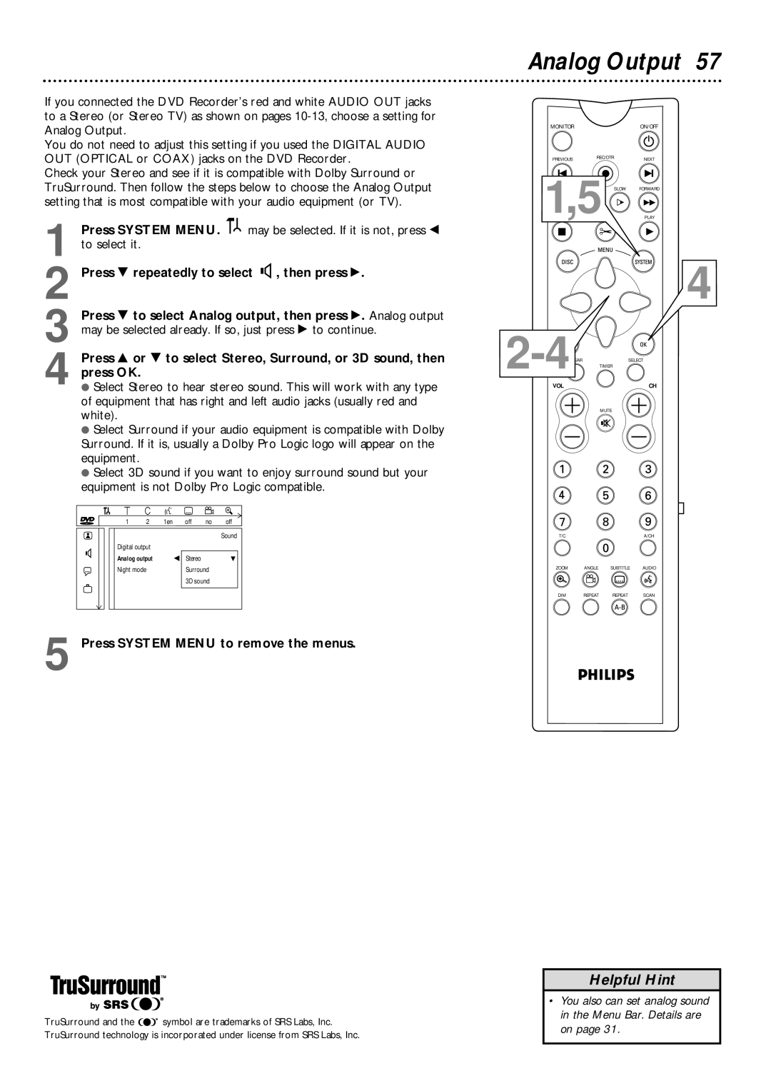 Philips DVDR985 owner manual Analog Output 