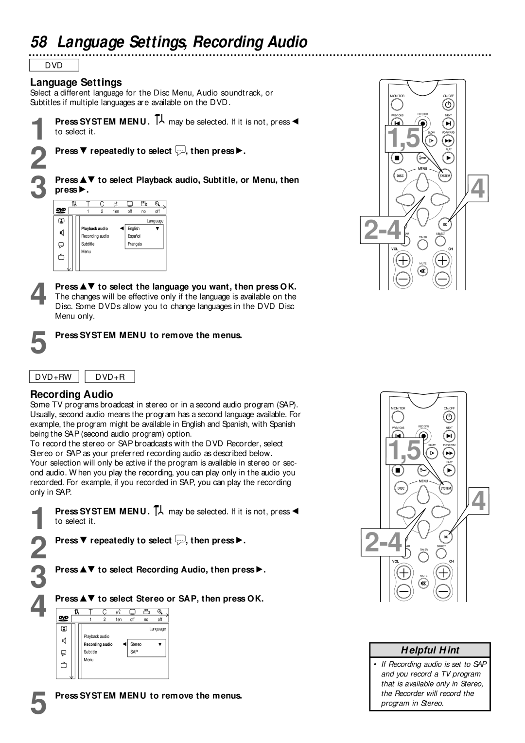 Philips DVDR985 owner manual Language Settings, Recording Audio 