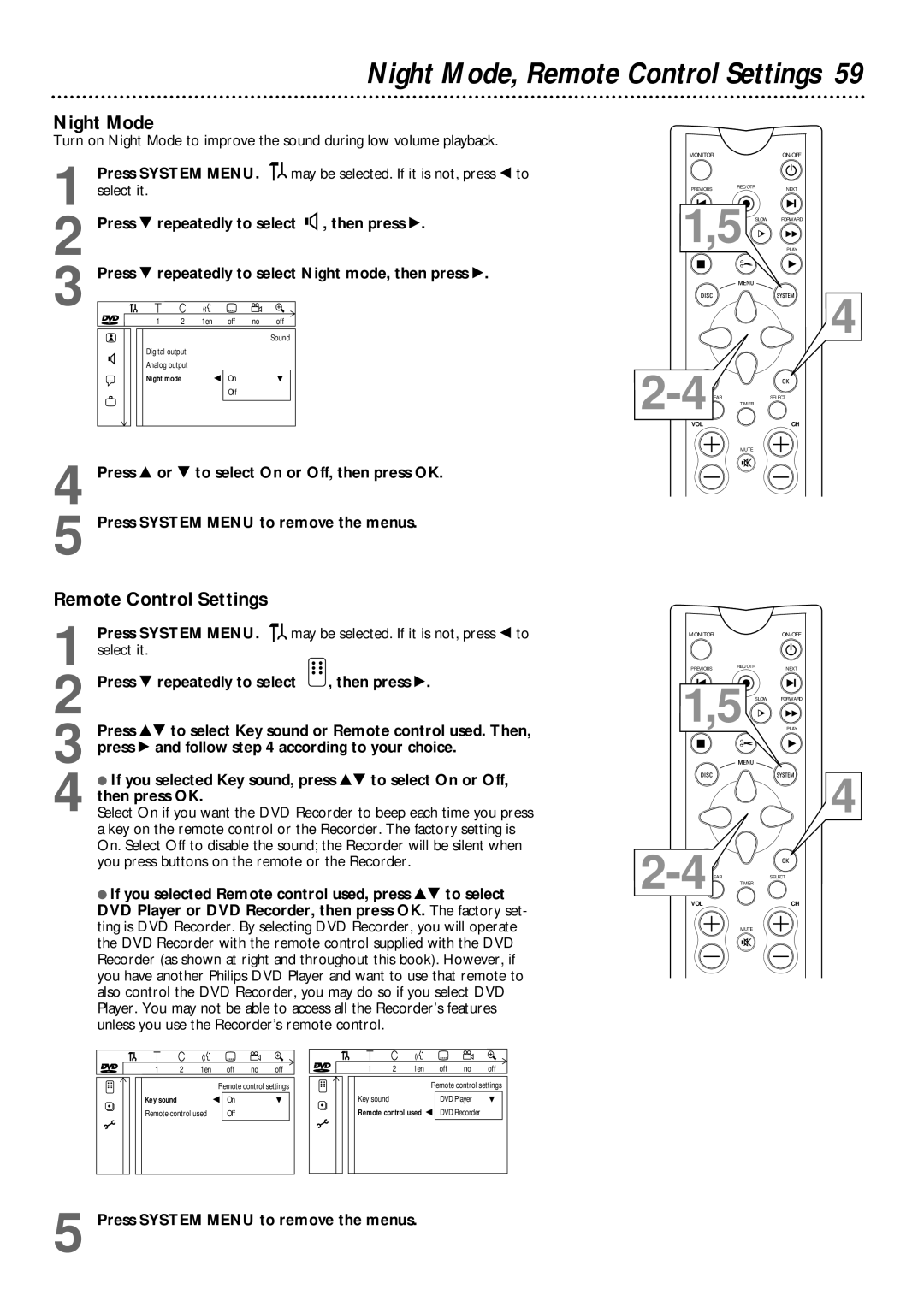 Philips DVDR985 owner manual Night Mode, Remote Control Settings 