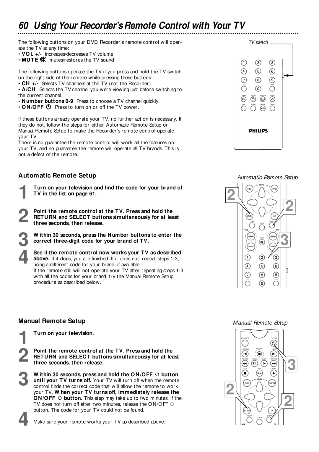 Philips DVDR985 owner manual Using Your Recorder’s Remote Control with Your TV, Automatic Remote Setup, Manual Remote Setup 