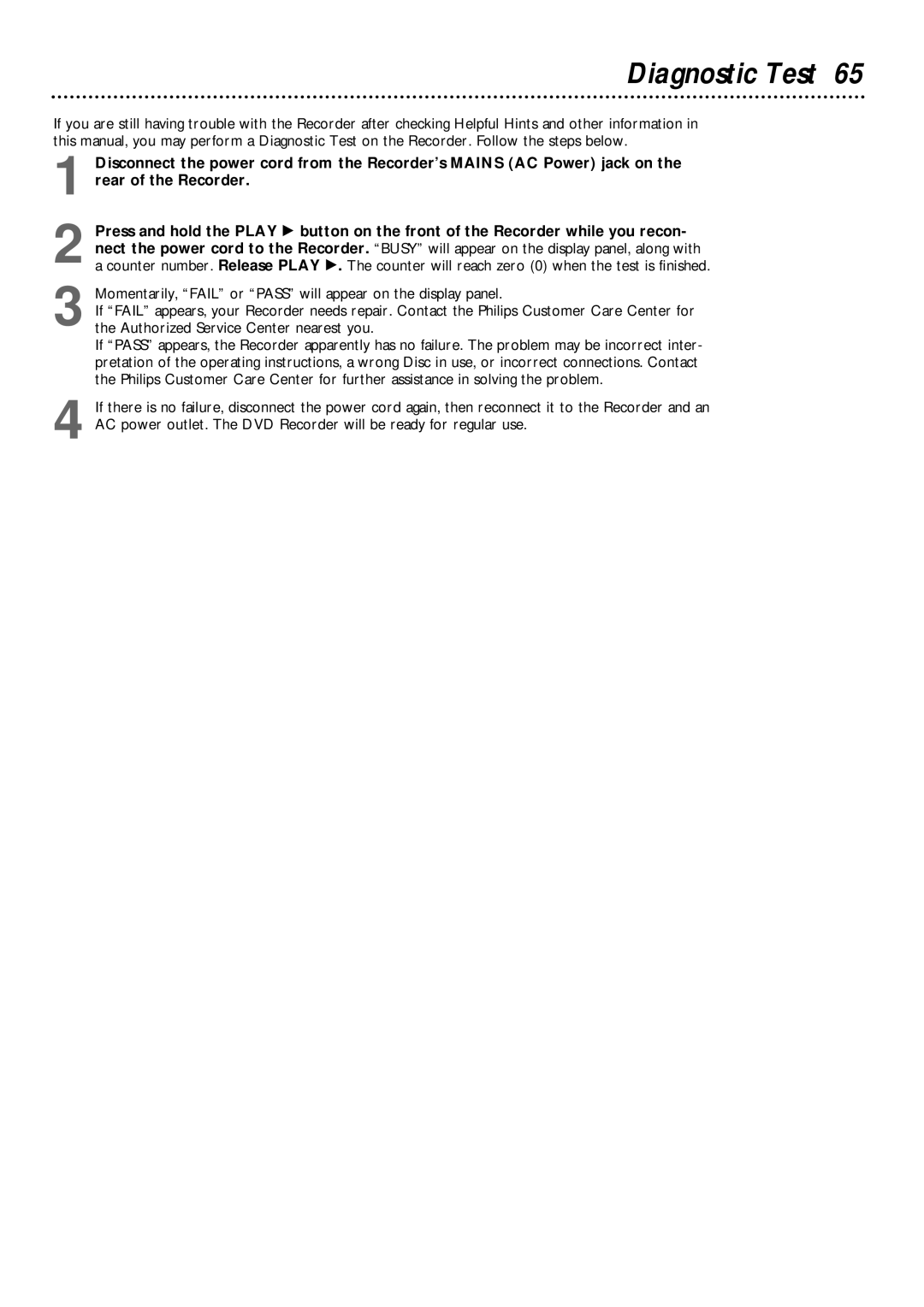 Philips DVDR985 owner manual Diagnostic Test 