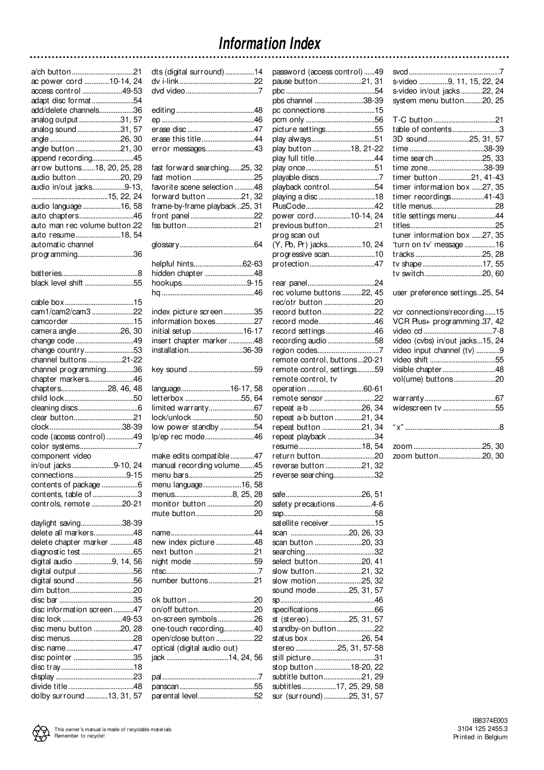 Philips DVDR985 owner manual Information Index, 49-53 