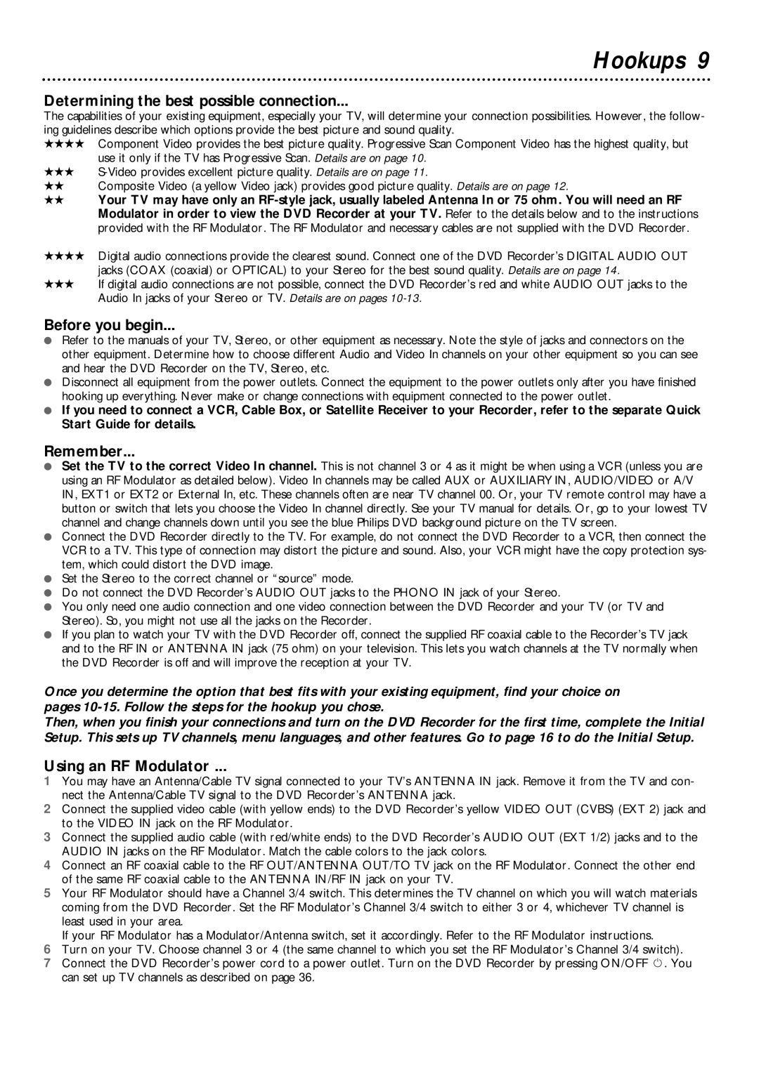 Philips DVDR985 Hookups, Determining the best possible connection, Before you begin, Remember, Using an RF Modulator 