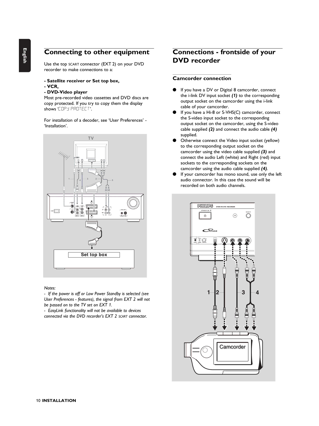 Philips DVDR990 manual Connecting to other equipment, Connections frontside of your DVD recorder, Camcorder connection 