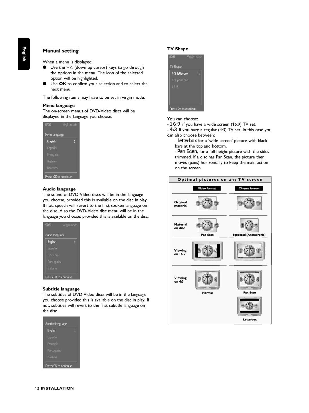 Philips DVDR990 manual Manual setting, Menu language, Audio language, Subtitle language, TV Shape 