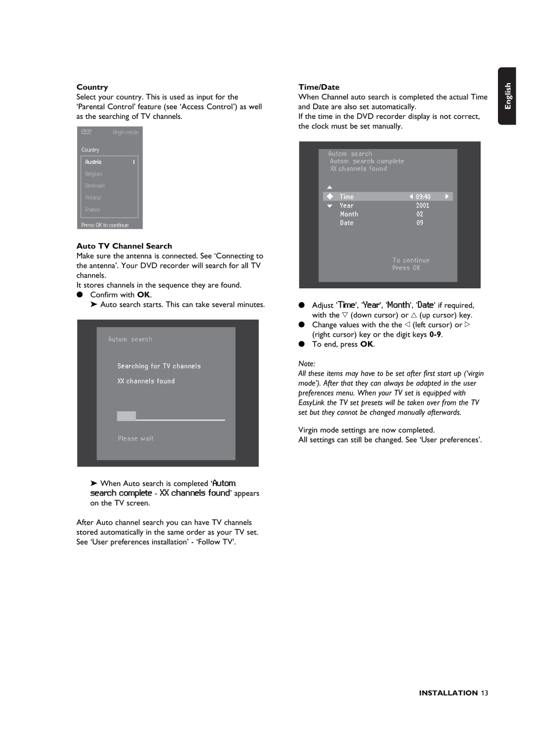 Philips DVDR990 manual Country, Auto TV Channel Search, Time/Date 