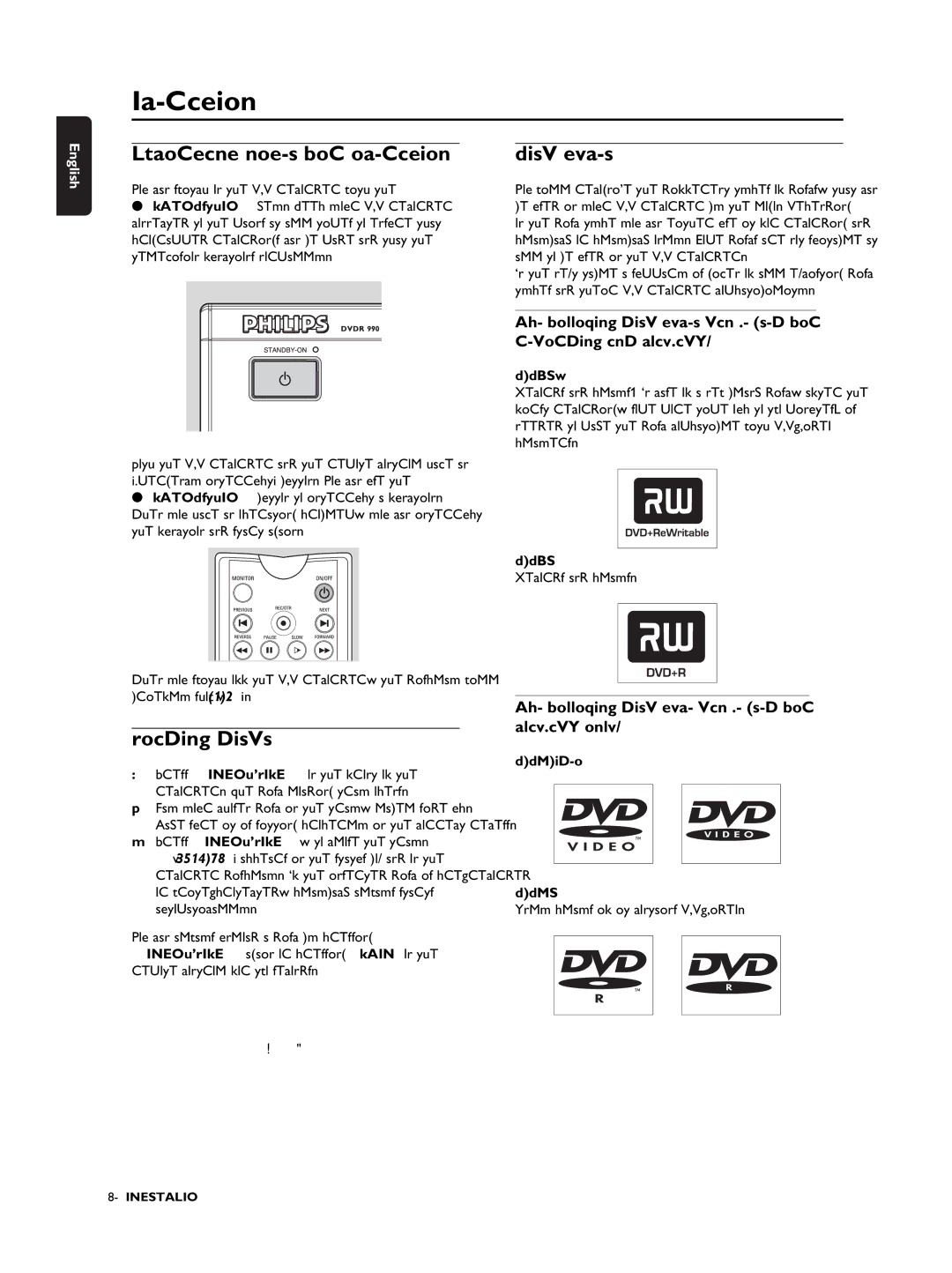 Philips DVDR990 manual Operation, Important notes for operation, Loading discs, Disc types 