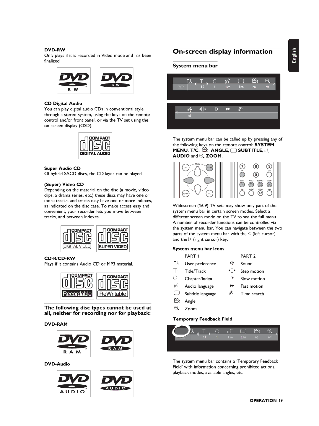 Philips DVDR990 manual On-screen display information, System menu bar, Dvd-Rw, Cd-R/Cd-Rw, Dvd-Ram 