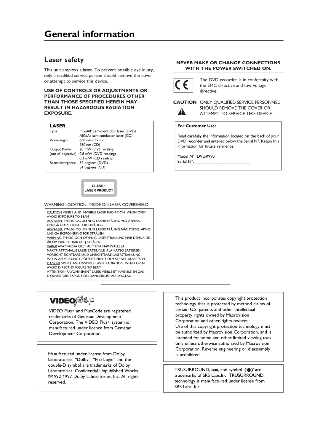 Philips DVDR990 manual General information, Laser safety, Never Make or Change Connections With the Power Switched on 