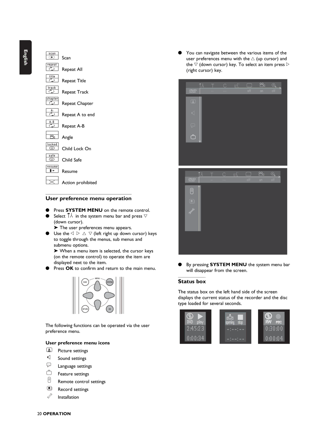 Philips DVDR990 manual User preference menu operation, Status box, User preference menu icons 