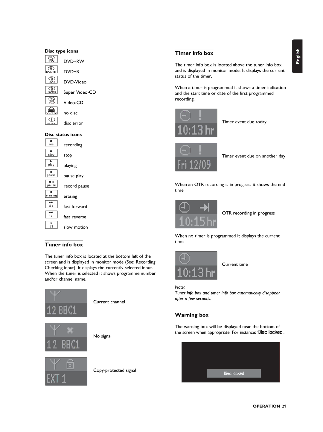 Philips DVDR990 manual Tuner info box, Timer info box, Disc type icons, Disc status icons 