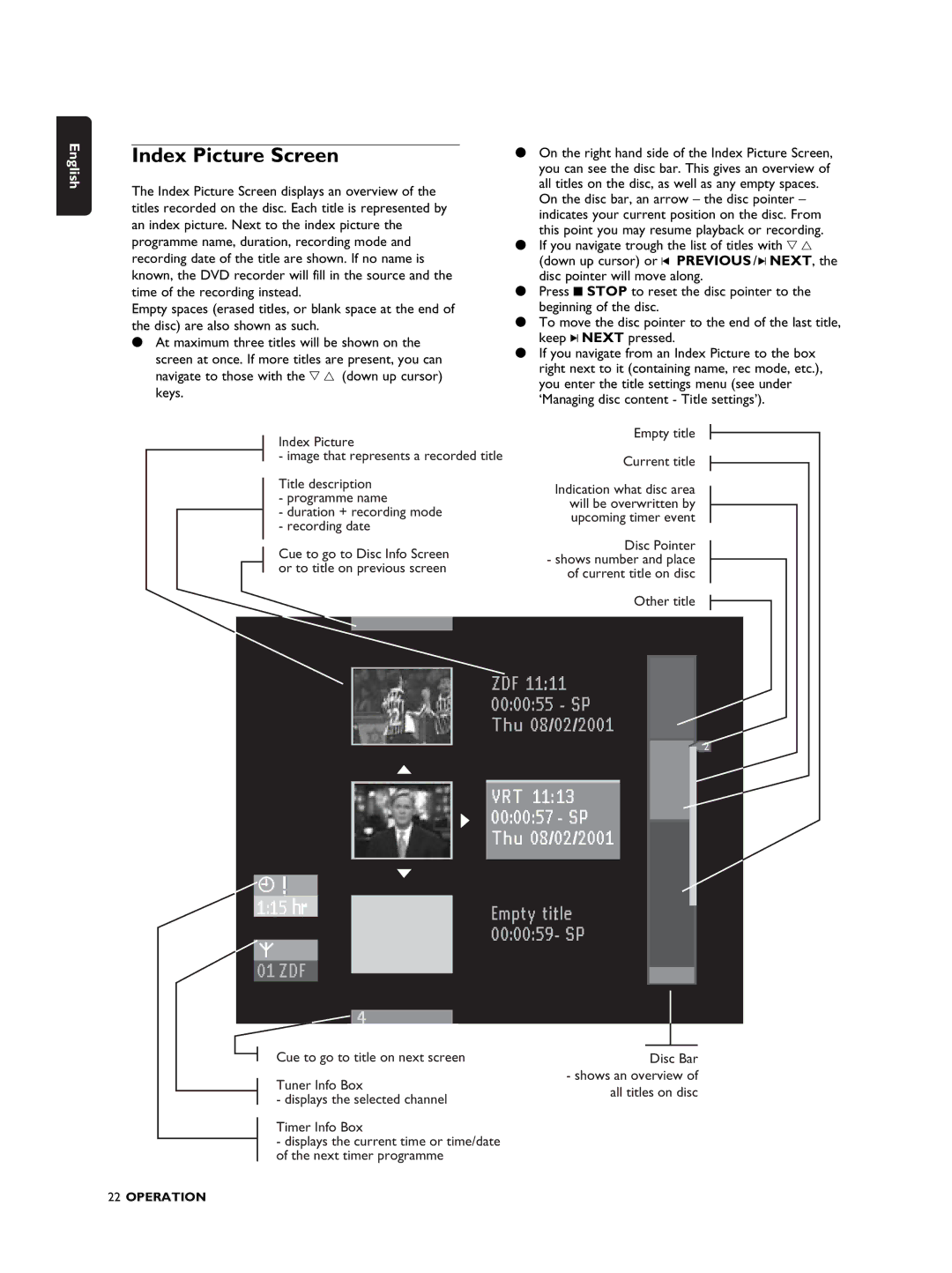 Philips DVDR990 manual Index Picture Screen, Disc Pointer, Other title, Disc Bar 