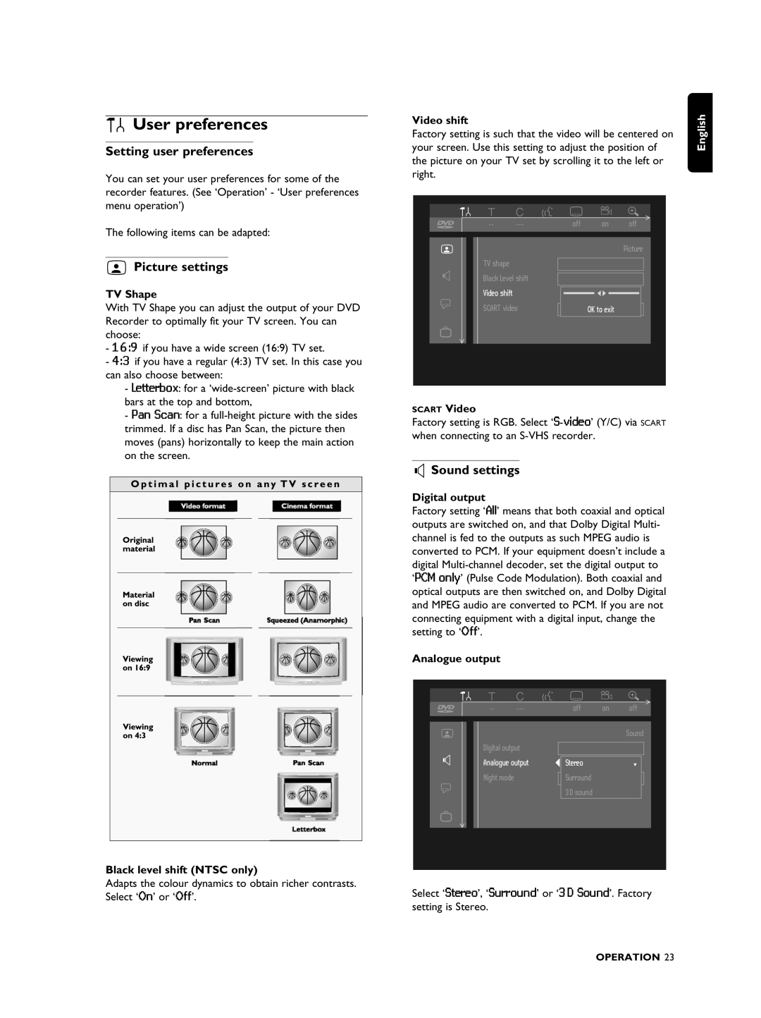 Philips DVDR990 manual User preferences, Setting user preferences, Picture settings, Sound settings 