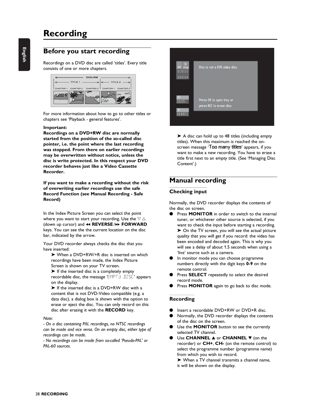 Philips DVDR990 manual Recording, Before you start recording, Manual recording, Checking input 